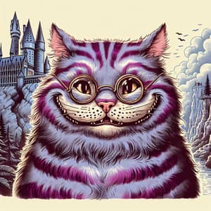 Cheshire Cat Illustration in Magical World with Wizarding Glasses