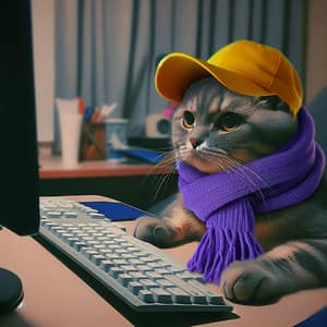 Grey Cat in Purple Scarf with Yellow Cap at Computer