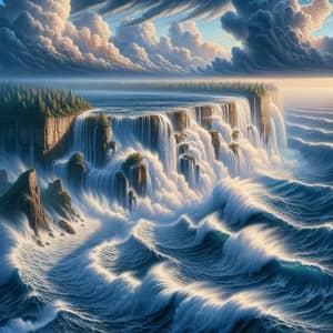 Oceanic Waves Meet Cascading Waterfall - Raw Power of Nature