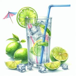 Watercolor Painting of Refreshing Drink in Tall Glass