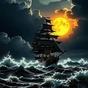Golden Moon Pirate Ship Sailing in Rough Sea