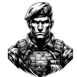 Serious Masculine Soldier in Monochromatic Style