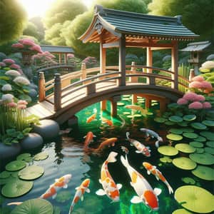 Japanese Koi Fish in Lily Pond with Wooden Bridge