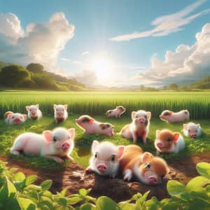 Lush Green Field with Miniature Pigs - Tranquil Countryside Scene