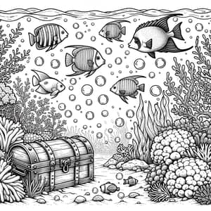 Underwater Coloring Page with Fish and Pirate's Chest