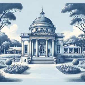 French Blue Etched Sketch of Palladio Arcadia Wedding Venue in NSW