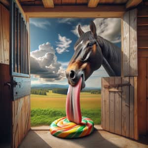 Tranquil Horse in Rustic Stable with Colorful Candy