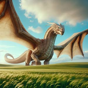 Majestic Beige Dragon Soaring over Lush Green Field