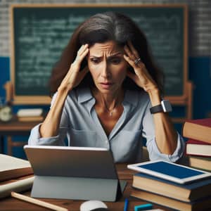 Stressed Hispanic Female Teacher in Scholarly Study Environment