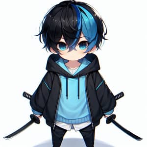 Cute Short Boy with Black Hair and Blue Streak | Cool Swords