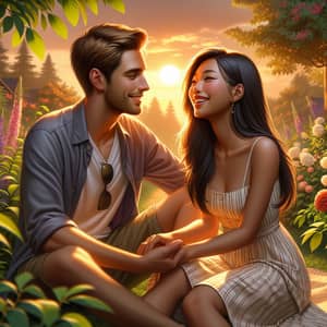Intimate Sunset Garden Scene with Loving Couple