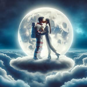 Romantic Astronaut Kiss on Cloud with Moon Backdrop