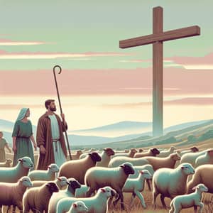 Diverse Shepherd Guiding Sheep to Cross in Serene Landscape