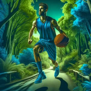 Hispanic Male Basketball Player | Nature Scene in Green and Blue