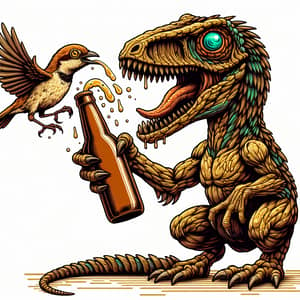 Fantastical Dinosaur Sparrow Hybrid Beer Opener Illustration