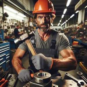 Male Mechanic with Sledgehammer in Automotive Garage