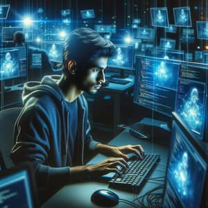 Intense South Asian Male Hacker Programming in Dark Room with High-Tech Equipment