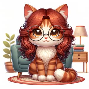 Charming Cartoon Cat with Medium-Length Wavy Red Hair