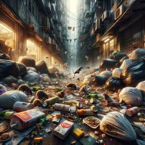 Chaotic Urban Scene with Overflowing Garbage Bins