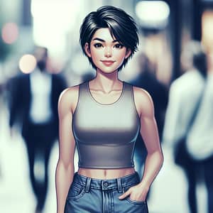 Petite Woman with Short Hair: Athletic Build & Confident Smile
