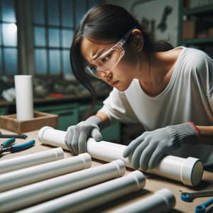 Asian Woman Working Intensely on Fitting PVC Pipes - Workshop Scene