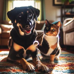Playful Dog and Cat Interactions in a Sunlit Living Room