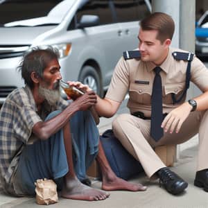 Poverty-Stricken Individual Sipping Beverage Observing Officer