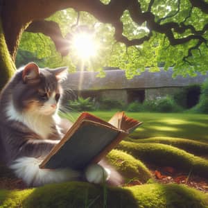 Serene Garden Scene: Grey and White Cat Reading Under Oak Tree