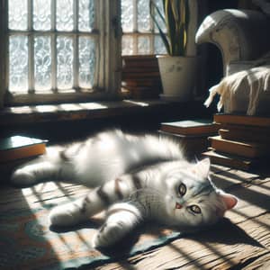 Serenity of a White Cat Stretching in Sunbeams