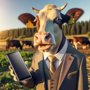 Happy Cow in Stylish Suit with Smartphone Æ