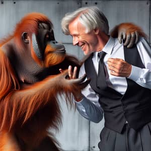 Playful Orange-Haired Orangutan with Silver-Haired Businessman