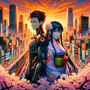 Spiky Red-haired Male and Blue-haired Female in Futuristic Cityscape