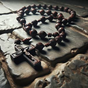 Polished Dark Wood Catholic Rosary on Weathered Stone Floor