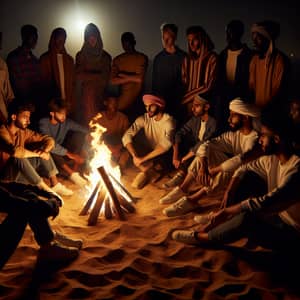 Diverse Group around Bonfire in Dark Desert