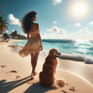 Serene Sandy Beach Scene with Hispanic Woman and Golden Retriever