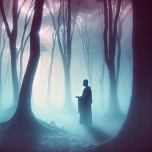 Ethereal Foggy Forest: Mysterious Figure in Serene Setting
