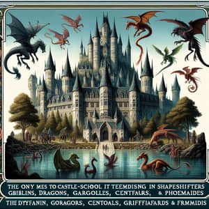 Mythical Creatures Castle-School with Basilisk and Mermaids
