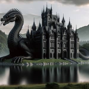 Imposing Black Castle Surrounded by a Lake