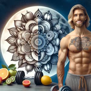 Holistic Mandala with Fruits, Moon, Pillow, and Dumbbells