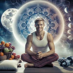 Smiling Strong Caucasian Man in Serene Setting with Mandala and Fruits