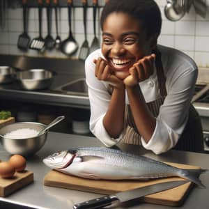 Happy Black Woman Chef Preparing Fresh Fish in Seafood Kitchen