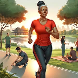Active Lifestyle Illustration: Middle-Aged African Woman Running in Park