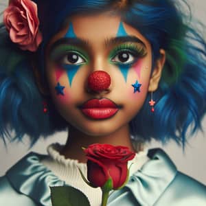 Whimsical South Asian Clown Girl with Blue Hair and Red Rose