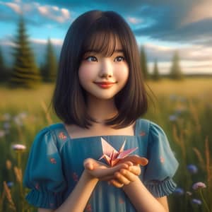 Young Asian Girl in Blue Dress with Origami Bird in Meadow