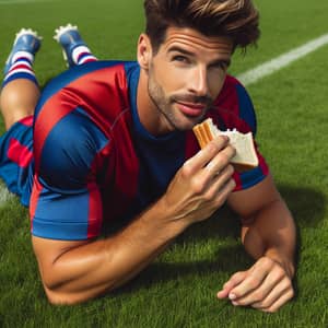 Casual Moment: Man Eating Bread on Football Field