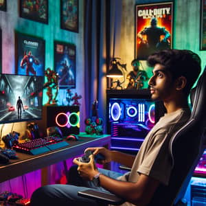Enthusiastic 20-Year-Old Male Gamer in Well-Lit Gaming Room
