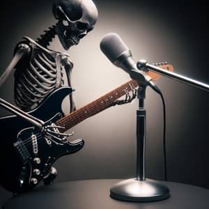 Skeleton playing black Stratocaster guitar with microphone