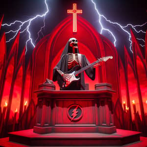 Temple of Wicced: Female Skeleton Preacher Playing Black Fender Stratocaster Guitar