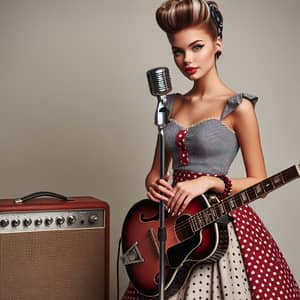 Vintage Rockabilly Girl with Guitar, Amplifier & Microphone
