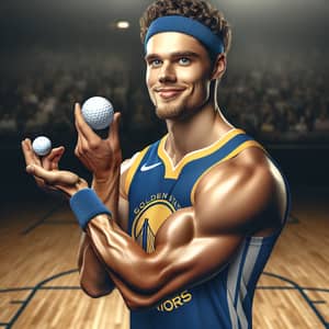 Professional Basketball Player in Golden State Warriors Uniform with Golf Ball